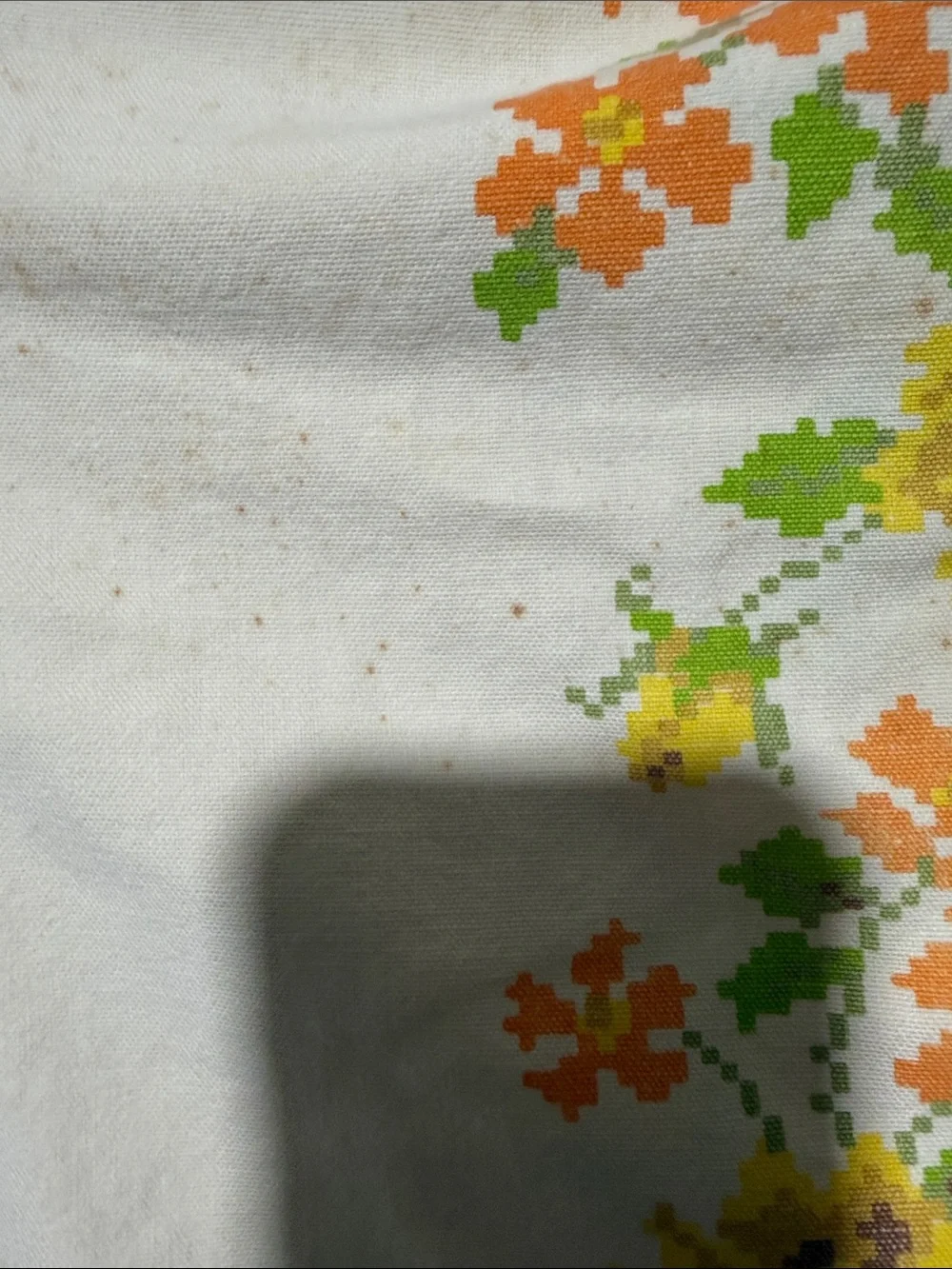Vintage antique cross stitch fabric and lace yellow floral tablecloth 66x57